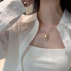 Vintage Sunflower Shell Pearl Pendant Necklace for Women, Luxury Paved Cubic Zirconia Flower Design, 18K Gold Tone Elegant Pearl Jewelry