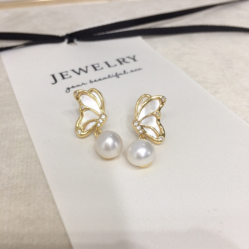 Butterfly Shell‑Pearl Drop Earrings for Women, 925 Sterling Silver Post