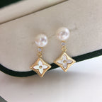 Women Four Leaf Clover Shell Pearl Drop Earrings, Rhombus Mother of Pearl Inlay Gold Tone Elegant Dangle Earrings Jewelry Gift
