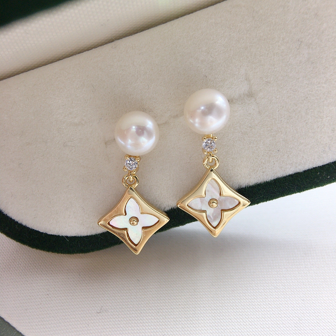 Women Four Leaf Clover Shell Pearl Drop Earrings, Rhombus Mother of Pearl Inlay Gold Tone Elegant Dangle Earrings Jewelry Gift