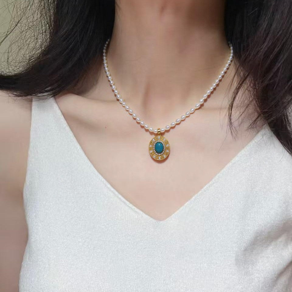 Vintage Turquoise Oval Pendant Necklace, Rice‑Shaped Shell Pearl Choker Necklace for Women