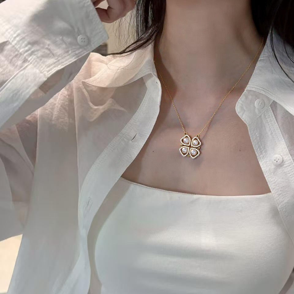 Magnetic Convertible Four‑Leaf‑Clover Shell Pearl Pendant Necklace, Micro‑Pave Cubic Zirconia Two‑Way Wear Women Jewelry