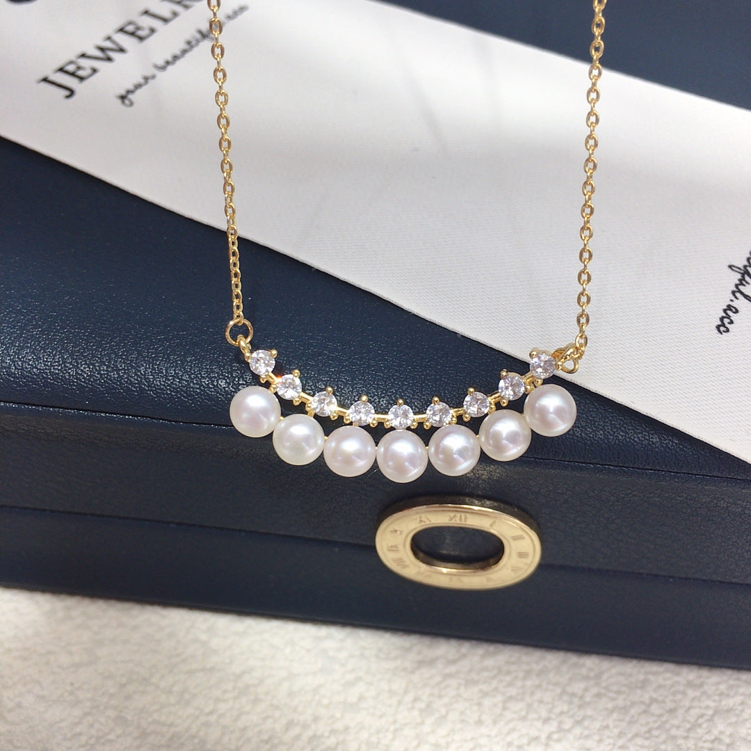 Smile Shape Multi‑Shell Pearl Necklace, Mixed‑Color Pearl Pendant with Cubic Zirconia 18K Gold‑Tone Chain for Women