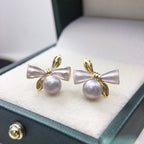 Women Bow Knot Shell Pearl Stud Earrings, Two Tone Enamel Gold Tone Elegant Minimalist Pearl Earrings Jewelry Gift