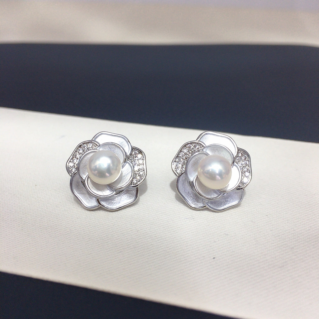 Vintage Camellia Shell Pearl Stud Earrings, Enamel Micro‑Pave Cubic Zirconia Women Ear Jewelry