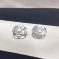 Vintage Camellia Shell Pearl Stud Earrings, Enamel Micro‑Pave Cubic Zirconia Women Ear Jewelry