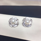 Vintage Camellia Shell Pearl Stud Earrings, Enamel Micro‑Pave Cubic Zirconia Women Ear Jewelry