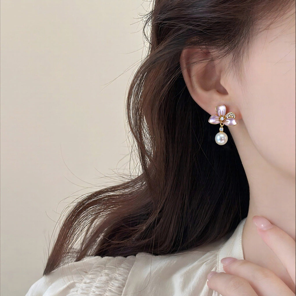 Enamel Flower Shell Pearl Drop Earrings, Micro‑Pave Cubic Zirconia Dainty Pearl Earrings for Women