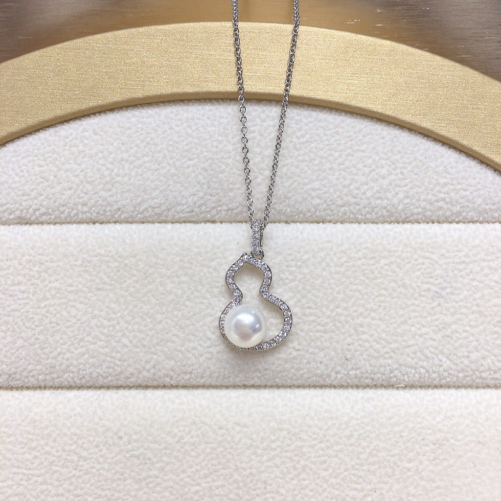 Gourd Shape Shell Pearl Necklace for Women, Lucky Hollow Gourd Pendant Inlaid Cubic Zirconia, Gold & Silver Two Tone Options