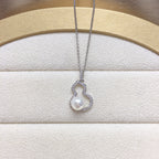 Gourd Shape Shell Pearl Necklace for Women, Lucky Hollow Gourd Pendant Inlaid Cubic Zirconia, Gold & Silver Two Tone Options