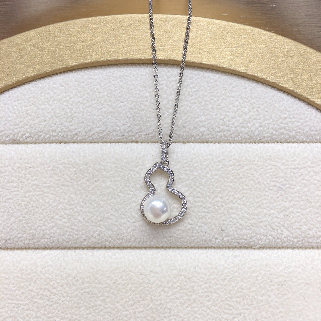 Gourd Shape Shell Pearl Necklace for Women, Lucky Hollow Gourd Pendant Inlaid Cubic Zirconia, Gold & Silver Two Tone Options