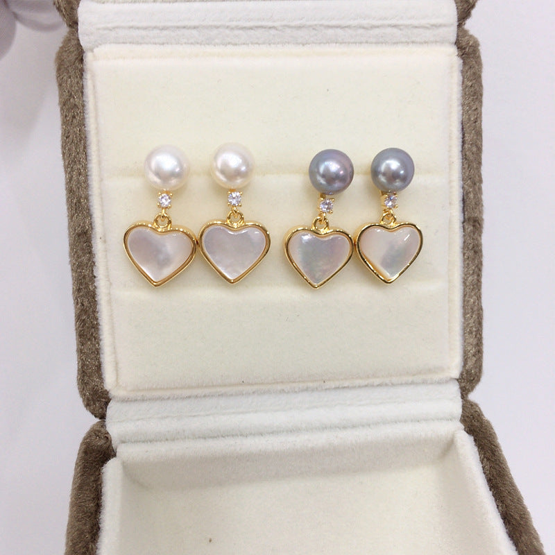 Heart‑Shaped Shell Pearl Drop Earrings, Natural Shell Inlay 18K Gold‑Tone 925 Sterling Silver Post Earrings for Women
