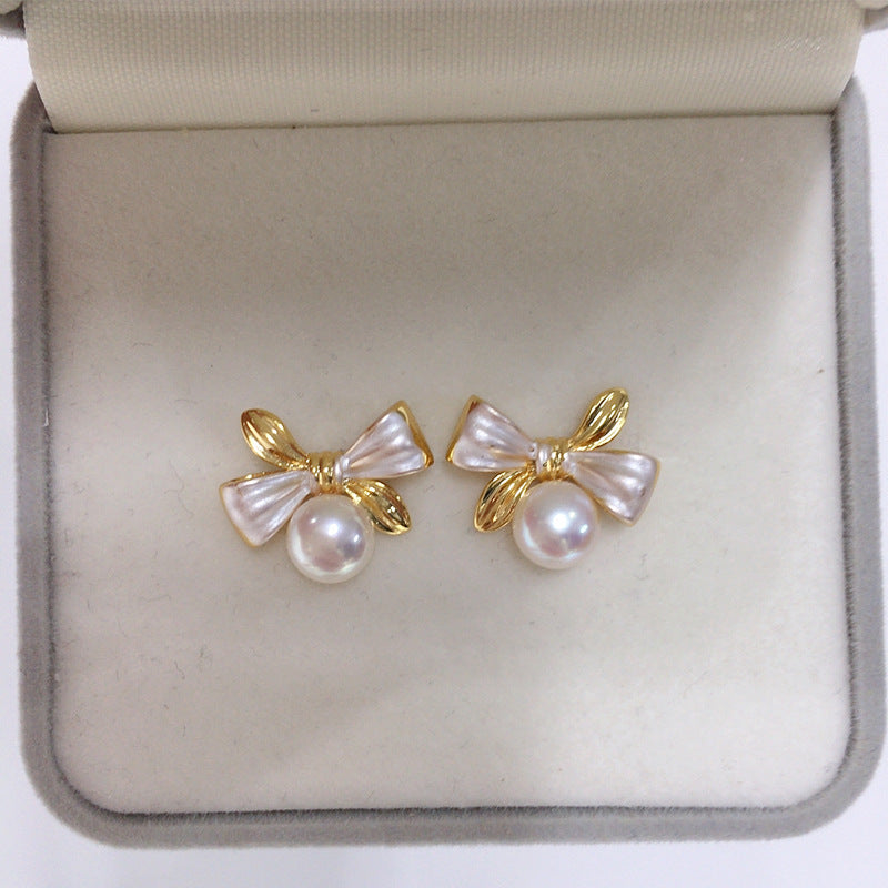 Dual‑Tone Bow Shell Pearl Stud Earrings, Exquisite Two‑Color Bow Design 925 Sterling Silver Post Earrings for Women