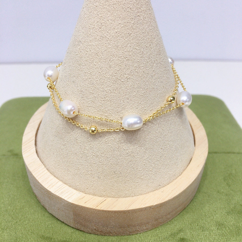 5‑6mm Rice‑Shape Shell Pearl Double Layer Bracelet, 18K Gold Filled Women Hand Jewelry