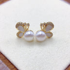 Women Butterfly Shell Pearl Stud Earrings, Micro Paved Cubic Zirconia Gold Tone Elegant Pearl Earrings Jewelry Gift