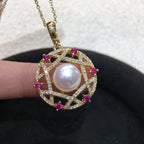 Vintage Hollow‑out Shell Pearl Pendant Necklace, Pink Cubic Zirconia Luxury Women Clavicle Chain Jewelry