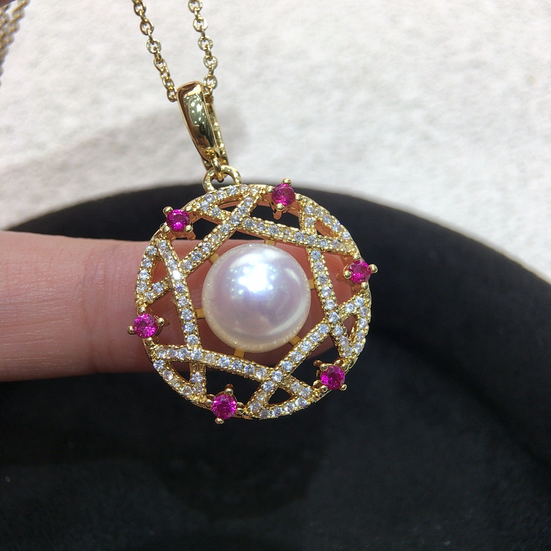 Vintage Hollow‑out Shell Pearl Pendant Necklace, Pink Cubic Zirconia Luxury Women Clavicle Chain Jewelry