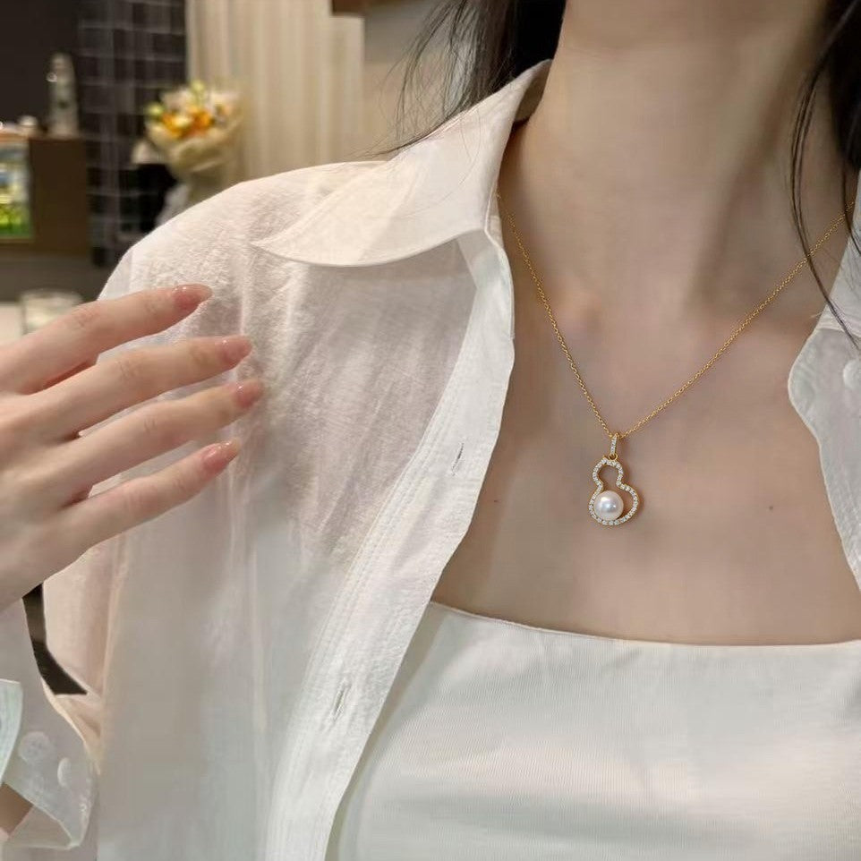 Gourd Shape Shell Pearl Necklace for Women, Lucky Hollow Gourd Pendant Inlaid Cubic Zirconia, Gold & Silver Two Tone Options