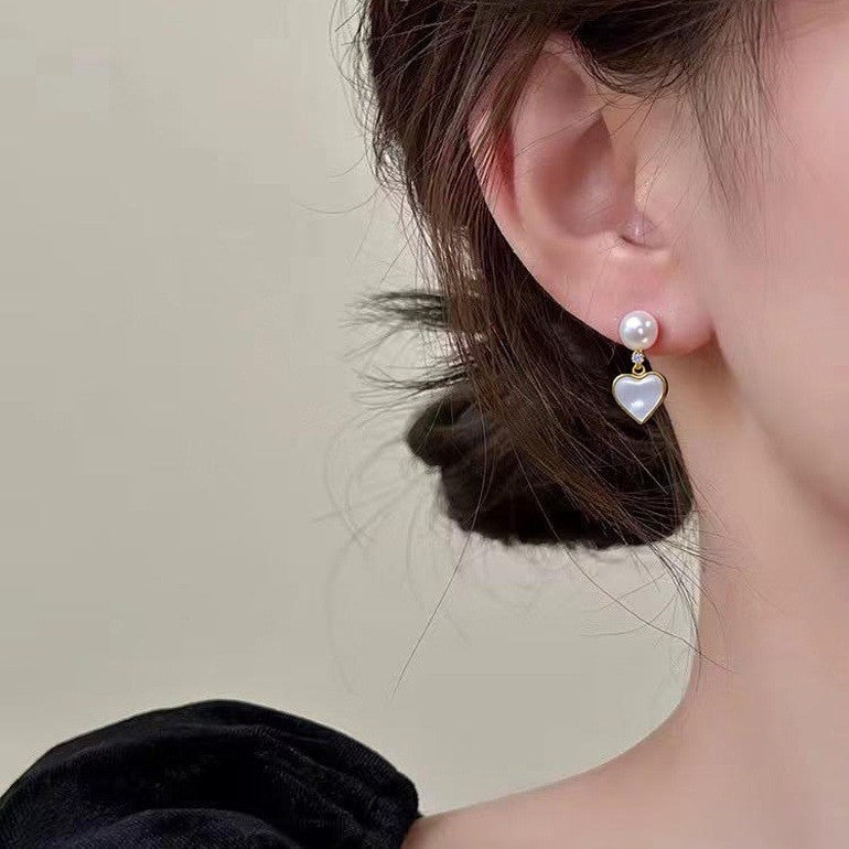 Heart‑Shaped Shell Pearl Drop Earrings, Natural Shell Inlay 18K Gold‑Tone 925 Sterling Silver Post Earrings for Women