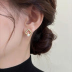 Square Cubic Zirconia Shell Pearl Stud Earrings for Women, 18K Gold Tone Hollow Square Design, Luxurious Elegant Pearl Earrings