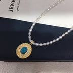 Vintage Turquoise Oval Pendant Necklace, Rice‑Shaped Shell Pearl Choker Necklace for Women