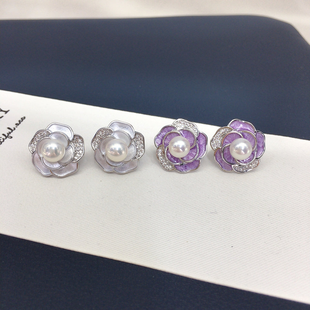 Vintage Camellia Shell Pearl Stud Earrings, Enamel Micro‑Pave Cubic Zirconia Women Ear Jewelry