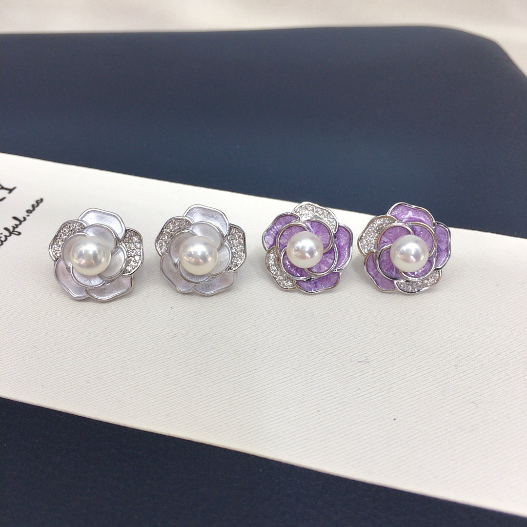 Vintage Camellia Shell Pearl Stud Earrings, Enamel Micro‑Pave Cubic Zirconia Women Ear Jewelry
