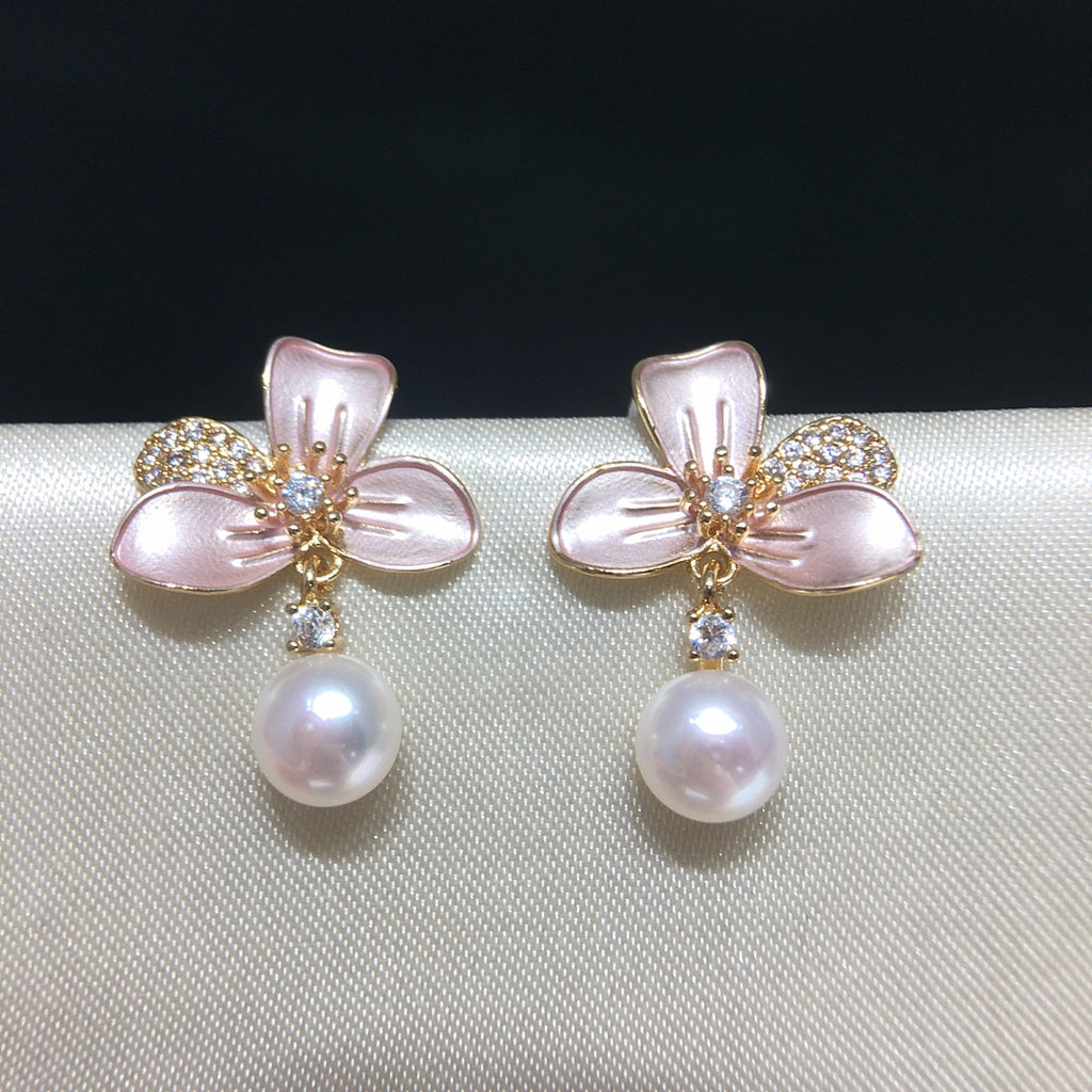 Enamel Flower Shell Pearl Drop Earrings, Micro‑Pave Cubic Zirconia Dainty Pearl Earrings for Women