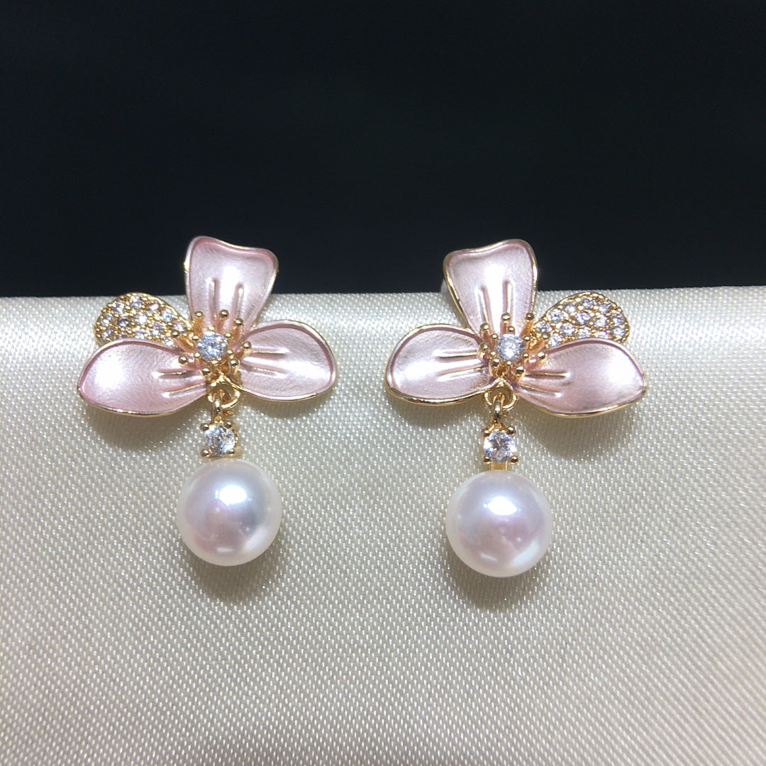 Enamel Flower Shell Pearl Drop Earrings, Micro‑Pave Cubic Zirconia Dainty Pearl Earrings for Women