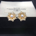 Vintage Floral Shell Pearl Stud Earrings for Women, Paved Cubic Zirconia Flower Pearl Earrings, 18K Gold Tone Luxury Jewelry
