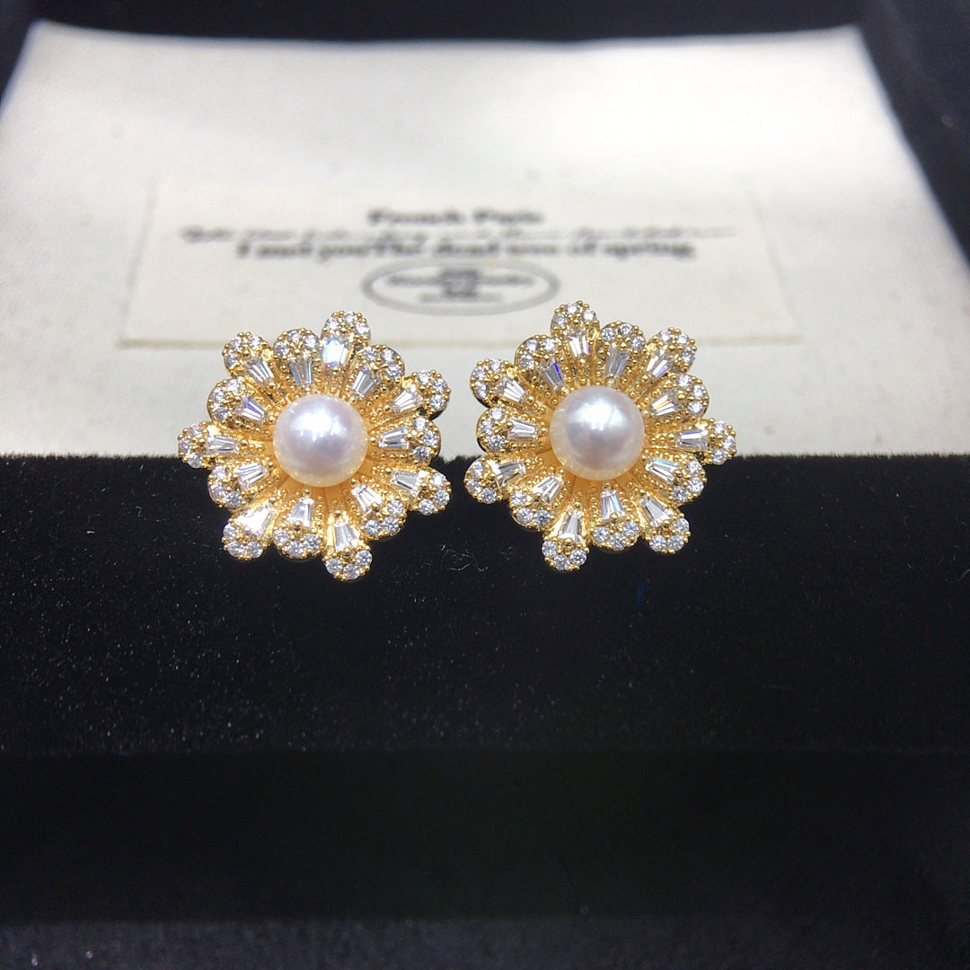Vintage Floral Shell Pearl Stud Earrings for Women, Paved Cubic Zirconia Flower Pearl Earrings, 18K Gold Tone Luxury Jewelry