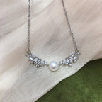 Wing‑Shape Micro‑Pave Cubic Zirconia Shell Pearl Pendant Necklace, Fashion Women Clavicle Chain