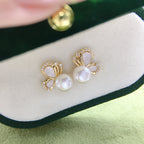 Women Butterfly Shell Pearl Stud Earrings, Micro Paved Cubic Zirconia Gold Tone Elegant Pearl Earrings Jewelry Gift