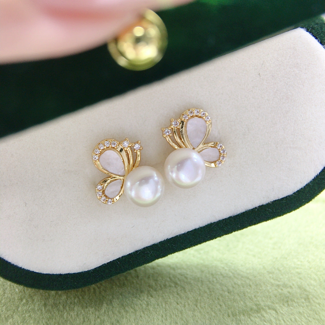Women Butterfly Shell Pearl Stud Earrings, Micro Paved Cubic Zirconia Gold Tone Elegant Pearl Earrings Jewelry Gift