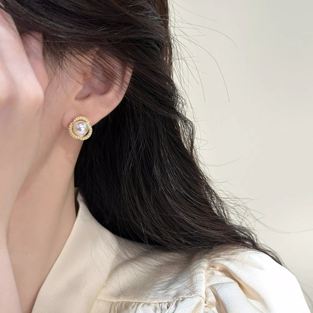 Clover Hollow Micro‑Pave Zircon Shell Pearl Stud Earrings,18K Gold‑Tone / Silver‑Tone 925 Sterling Silver Post Earrings for Women