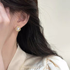 Clover Hollow Micro‑Pave Zircon Shell Pearl Stud Earrings,18K Gold‑Tone / Silver‑Tone 925 Sterling Silver Post Earrings for Women