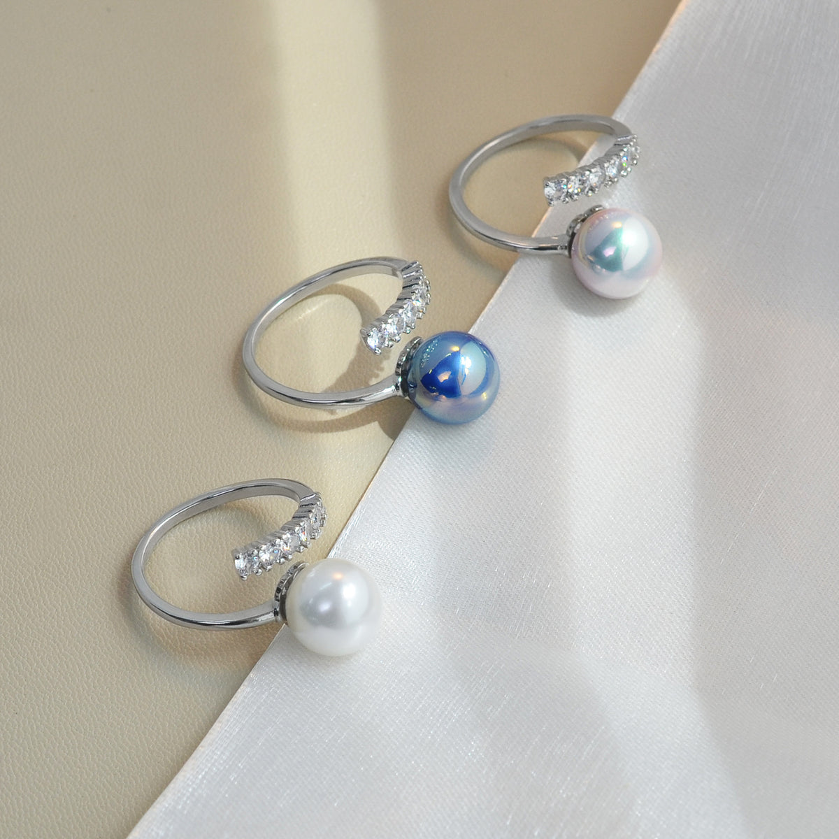 Open‑End Zircon Shell‑Pearl Ring for Women, Minimalist Delicate Adjustable Stacking Ring, Elegant Versatile Fashion Jewelry