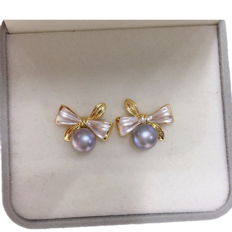 Dual‑Tone Bow Shell Pearl Stud Earrings, Exquisite Two‑Color Bow Design 925 Sterling Silver Post Earrings for Women