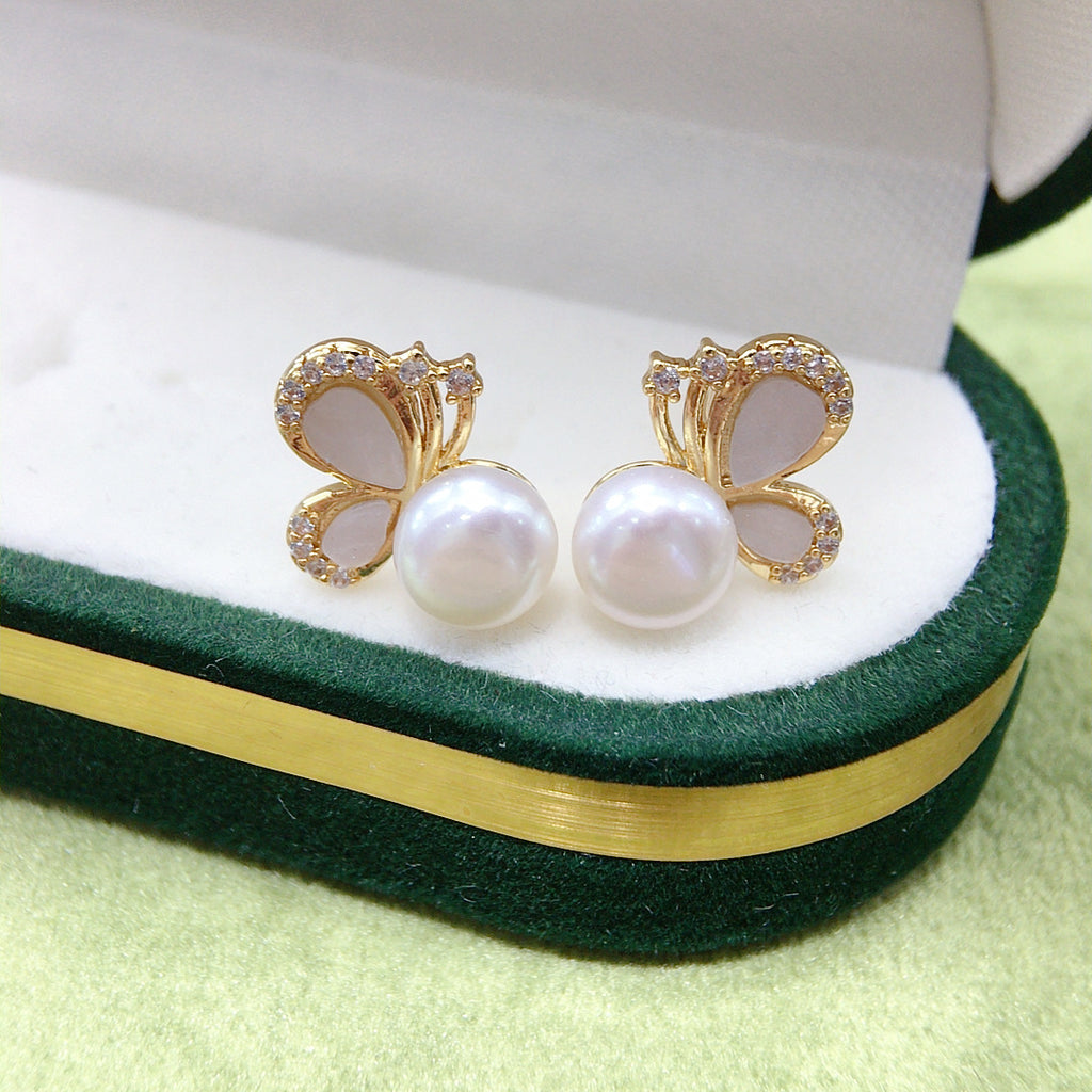 Women Butterfly Shell Pearl Stud Earrings, Micro Paved Cubic Zirconia Gold Tone Elegant Pearl Earrings Jewelry Gift