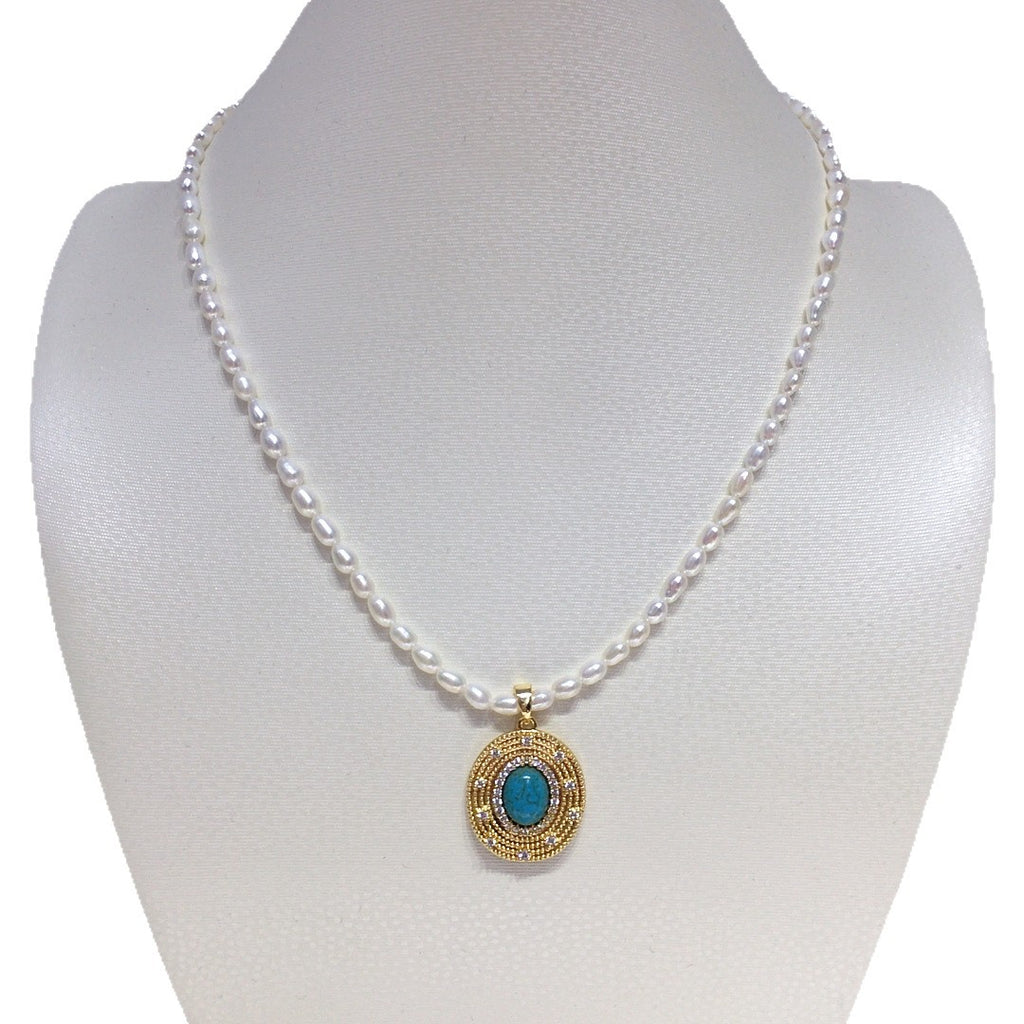 Vintage Turquoise Oval Pendant Necklace, Rice‑Shaped Shell Pearl Choker Necklace for Women