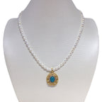 Vintage Turquoise Oval Pendant Necklace, Rice‑Shaped Shell Pearl Choker Necklace for Women