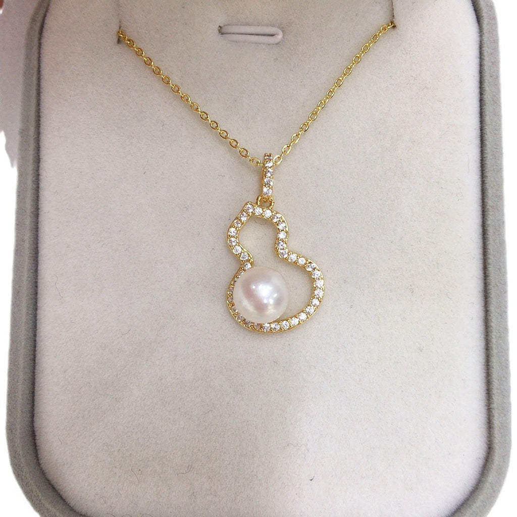 Gourd Shape Shell Pearl Necklace for Women, Lucky Hollow Gourd Pendant Inlaid Cubic Zirconia, Gold & Silver Two Tone Options