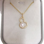 Gourd Shape Shell Pearl Necklace for Women, Lucky Hollow Gourd Pendant Inlaid Cubic Zirconia, Gold & Silver Two Tone Options