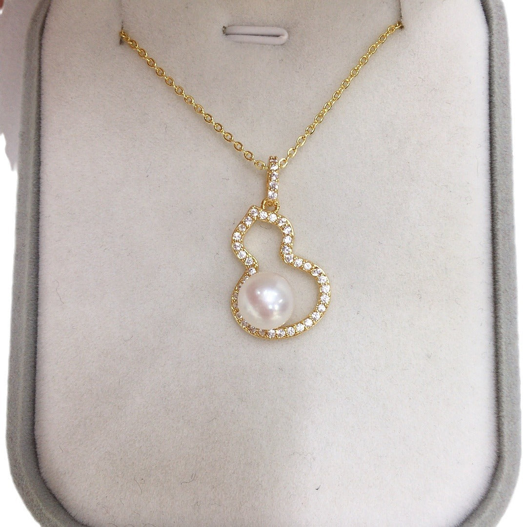 Gourd Shape Shell Pearl Necklace for Women, Lucky Hollow Gourd Pendant Inlaid Cubic Zirconia, Gold & Silver Two Tone Options