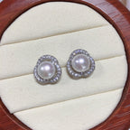 Clover Hollow Micro‑Pave Zircon Shell Pearl Stud Earrings,18K Gold‑Tone / Silver‑Tone 925 Sterling Silver Post Earrings for Women