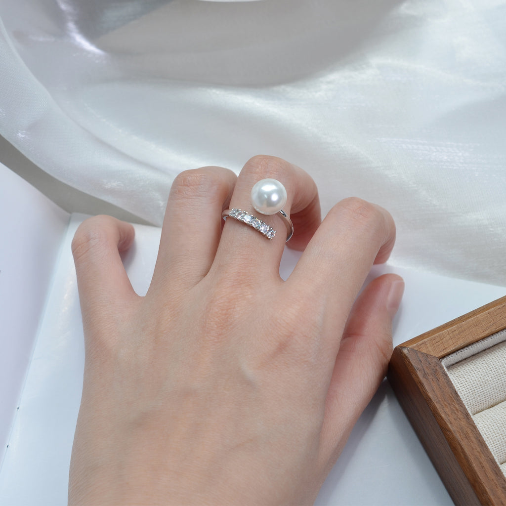 Open‑End Zircon Shell‑Pearl Ring for Women, Minimalist Delicate Adjustable Stacking Ring, Elegant Versatile Fashion Jewelry