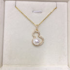 Gourd Shape Shell Pearl Necklace for Women, Lucky Hollow Gourd Pendant Inlaid Cubic Zirconia, Gold & Silver Two Tone Options