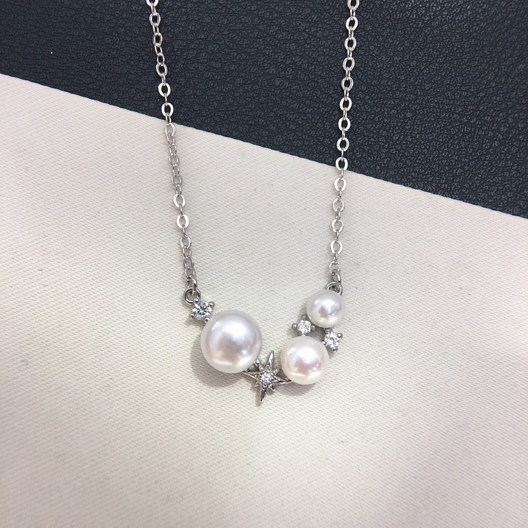 Six‑Pointed Star Multi‑Shell‑Pearl Pendant Necklace, Dainty Women Clavicle Chain