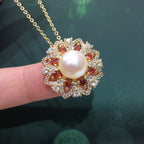 Vintage Sunflower Shell Pearl Pendant Necklace for Women, Luxury Paved Cubic Zirconia Flower Design, 18K Gold Tone Elegant Pearl Jewelry