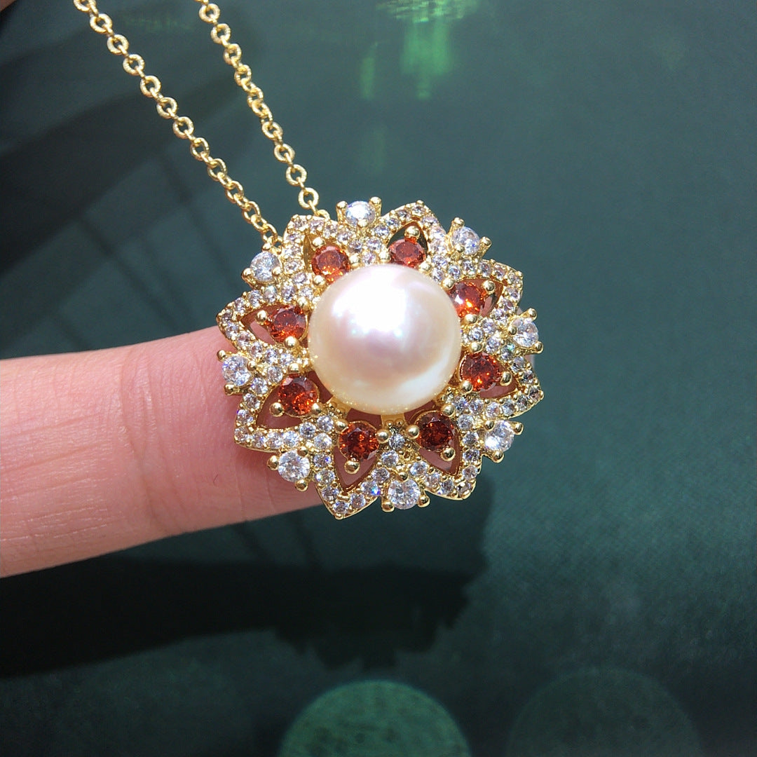 Vintage Sunflower Shell Pearl Pendant Necklace for Women, Luxury Paved Cubic Zirconia Flower Design, 18K Gold Tone Elegant Pearl Jewelry